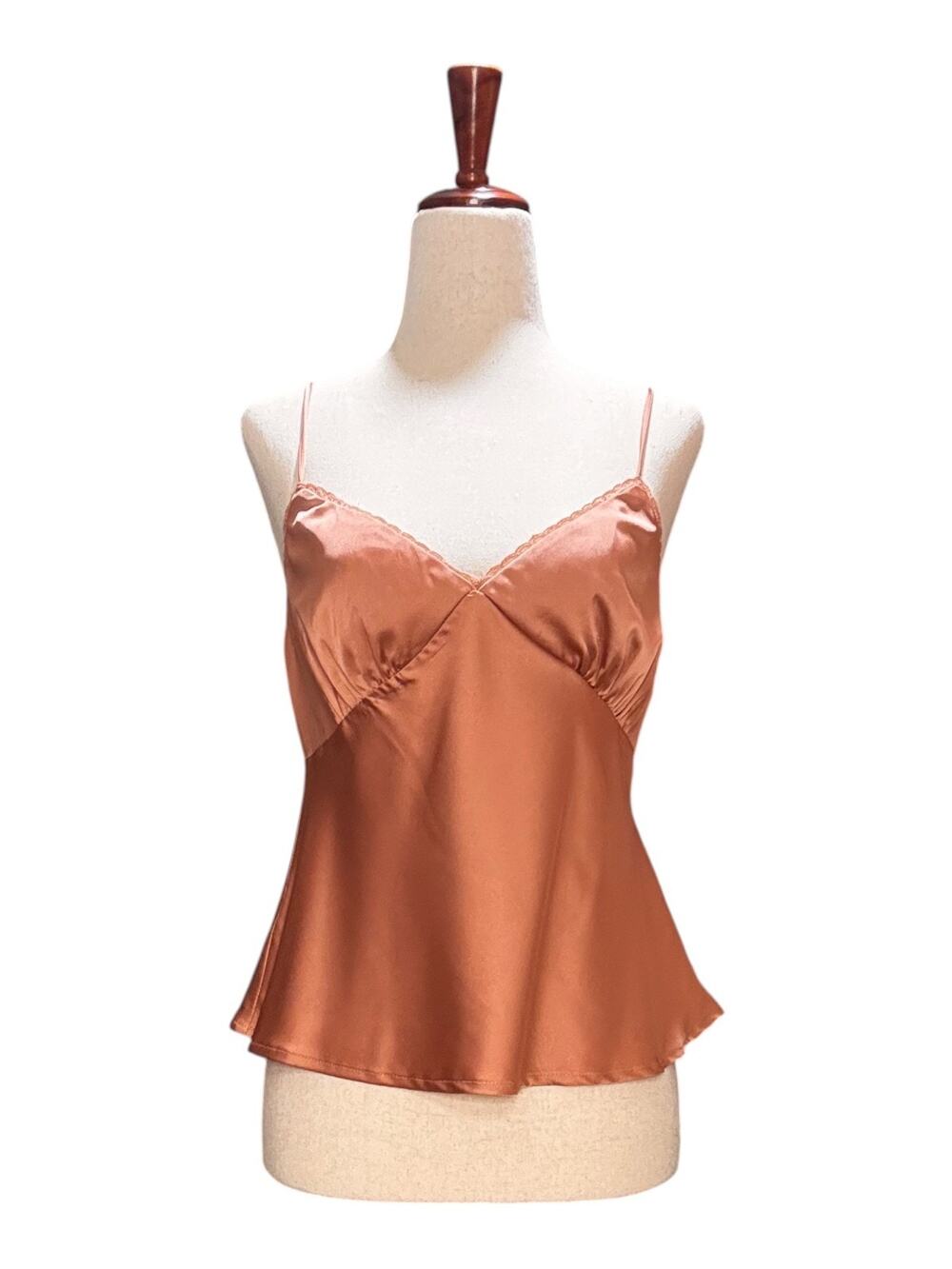 Y2K Pinkish Copper Satin Camisole Top Lace Trim Adjustable Straps Lingerie